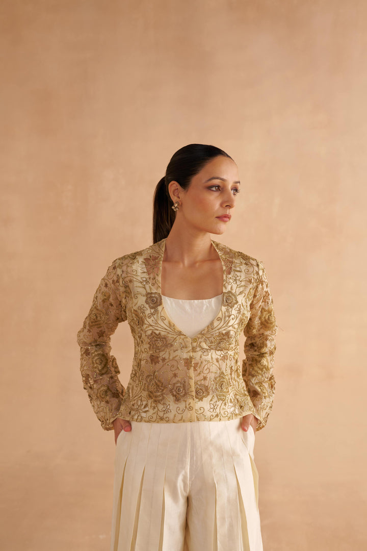 Cream Organza Jacket with Zardozi Embroidery
