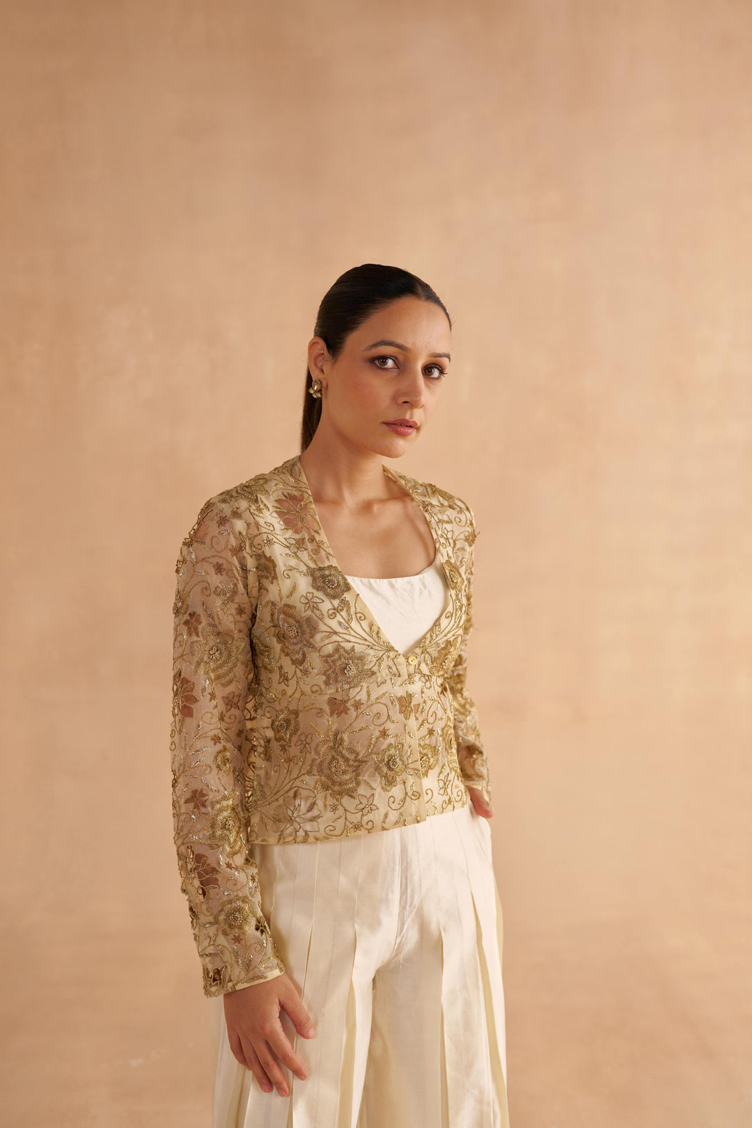Cream Organza Jacket with Zardozi Embroidery