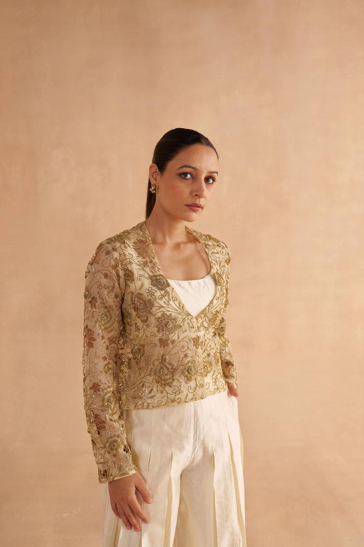 Cream Organza Jacket with Zardozi Embroidery