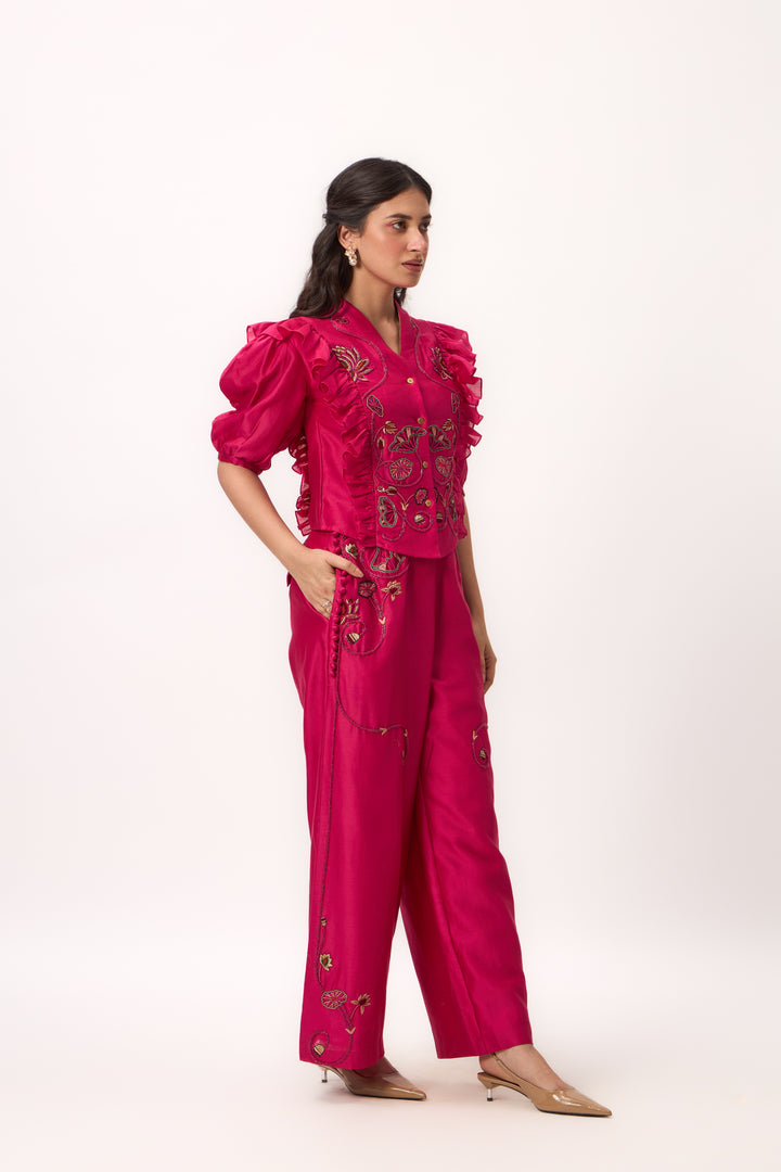 Lotus Bloom Jaal Ruffle Top Set Hot Pink