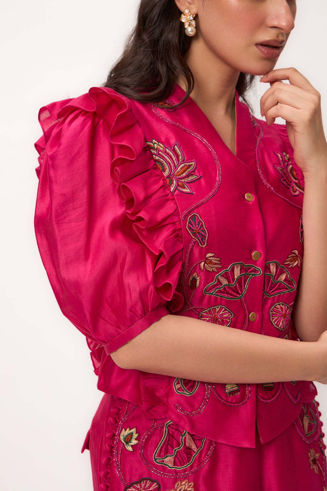 Lotus Bloom Jaal Ruffle Top Set Hot Pink