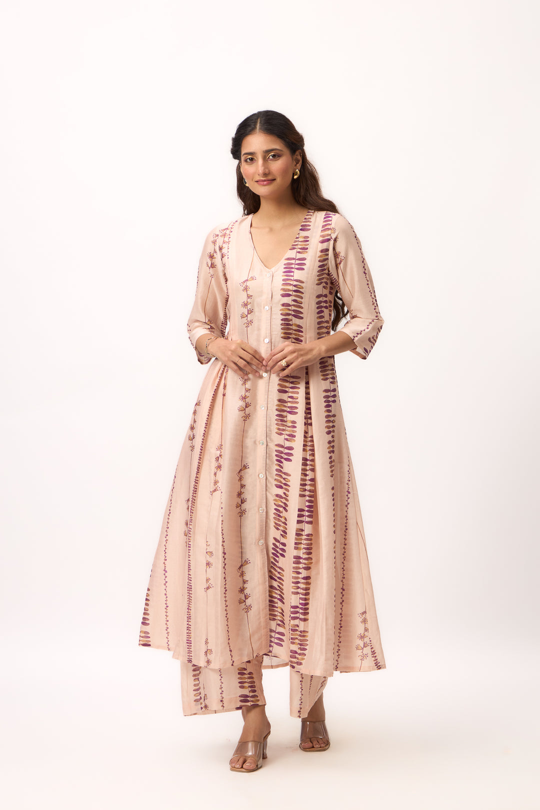 Watercolour Shami Stripe Print Panelled Kurta Set With Dupatta Baby Pink