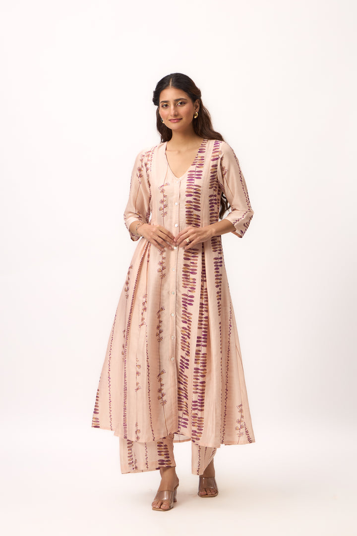 Watercolour Shami Stripe Print Panelled Kurta Set With Dupatta Baby Pink
