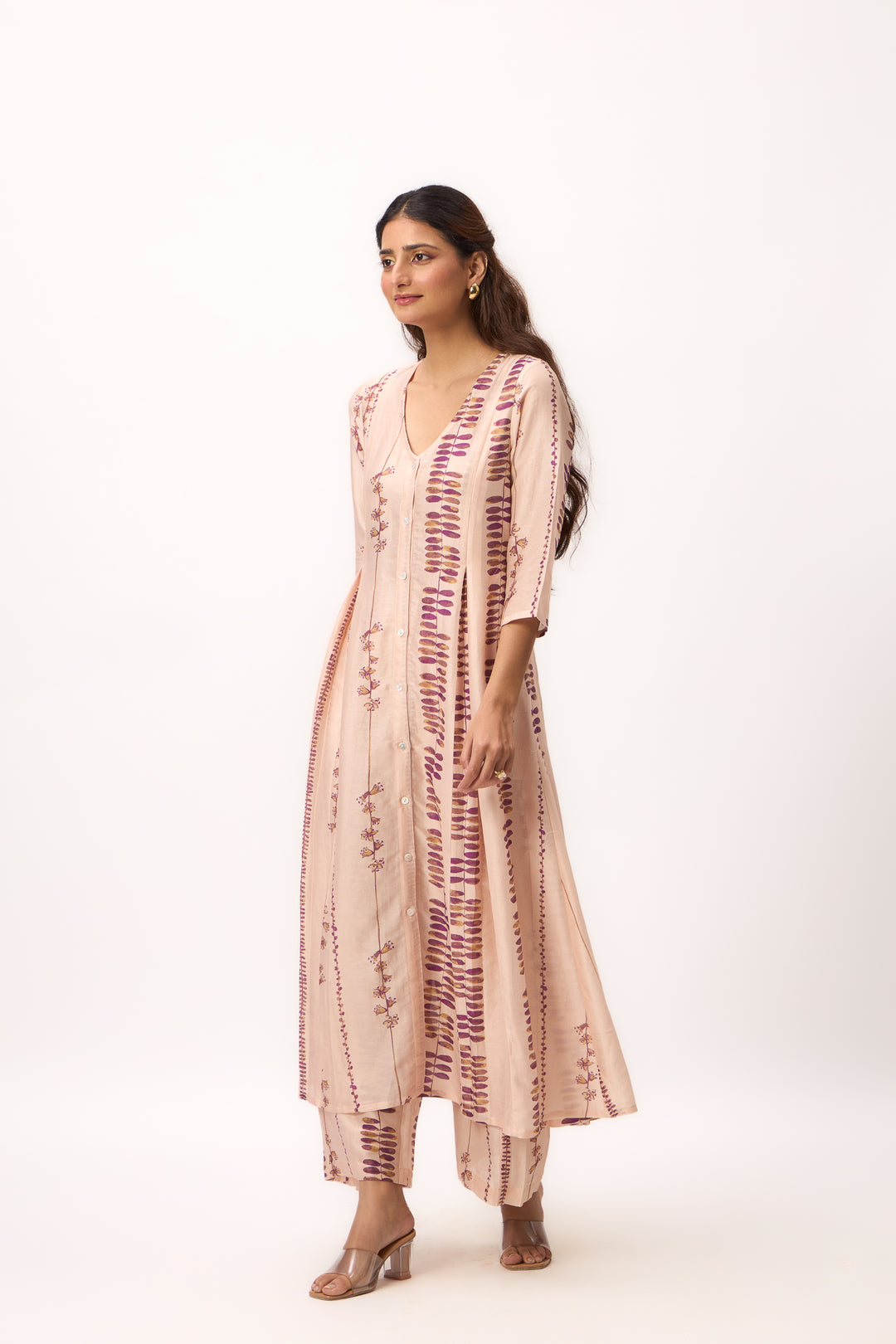 Watercolour Shami Stripe Print Panelled Kurta Set With Dupatta Baby Pink