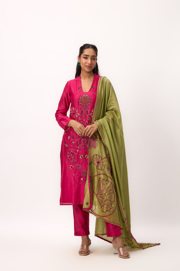 Lotus Bloom Jaal Kurta Set With Dupatta Hot Pink