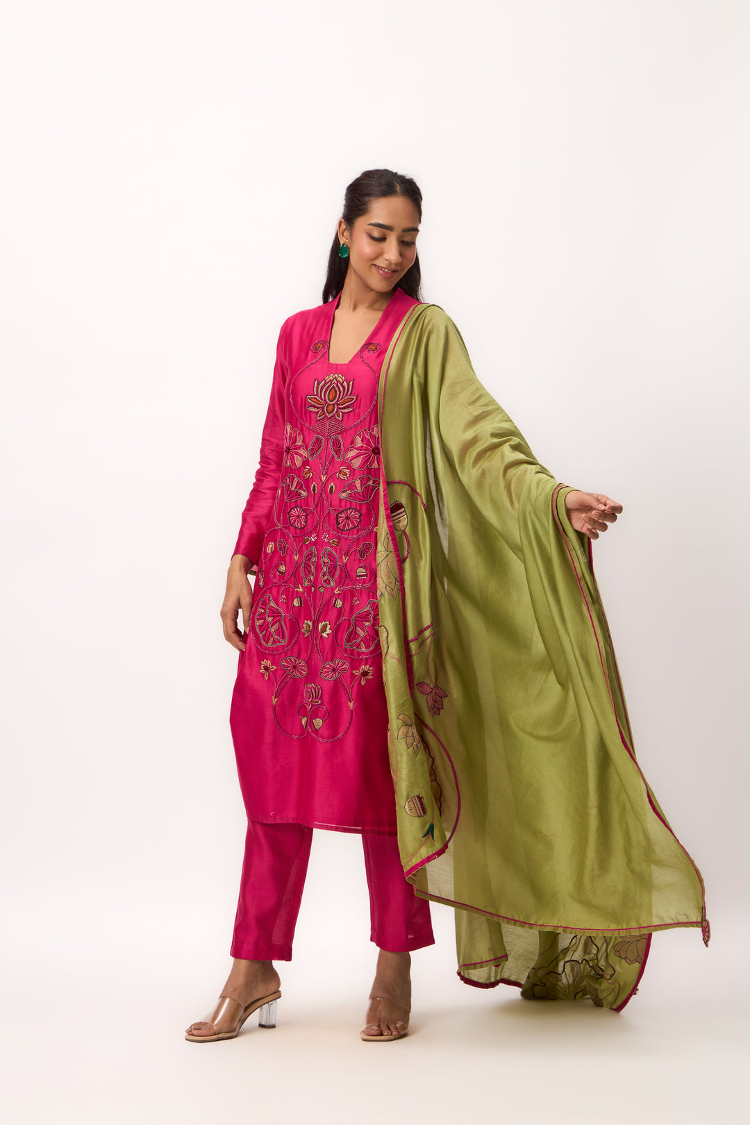 Lotus Bloom Jaal Kurta Set With Dupatta Hot Pink