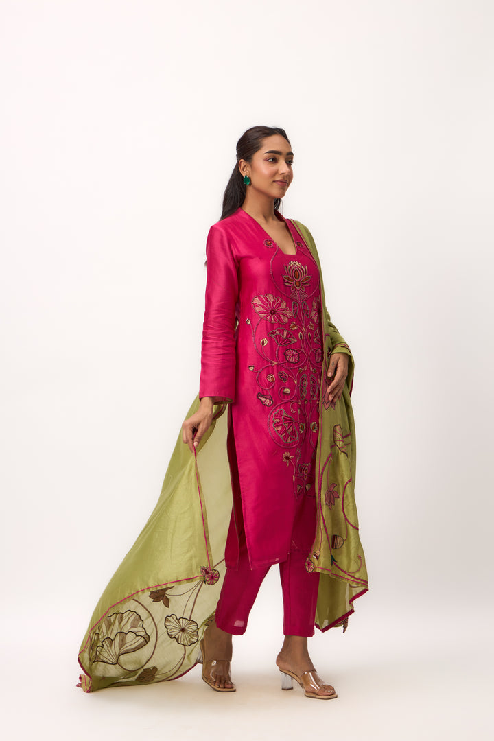 Lotus Bloom Jaal Kurta Set With Dupatta Hot Pink