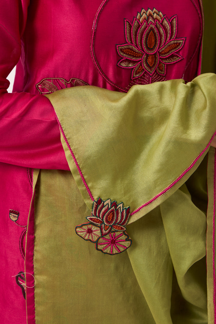 Lotus Bloom Jaal Kurta Set With Dupatta Hot Pink