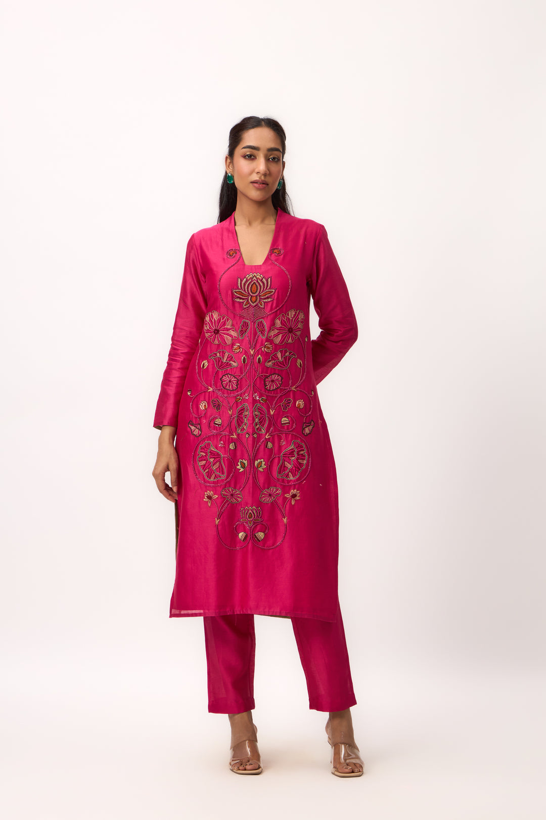Lotus Bloom Jaal Kurta Set With Dupatta Hot Pink