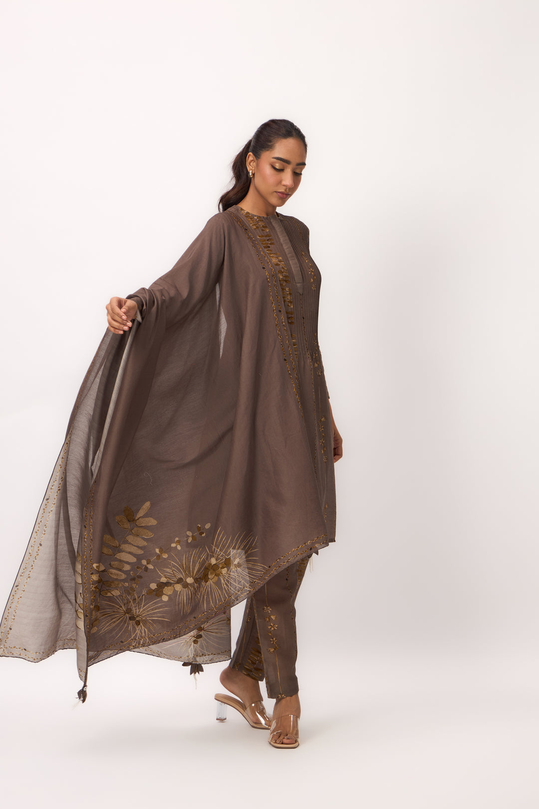 Watercolour Shami Stripe Print Kurta Set With Dupatta Wood Brown
