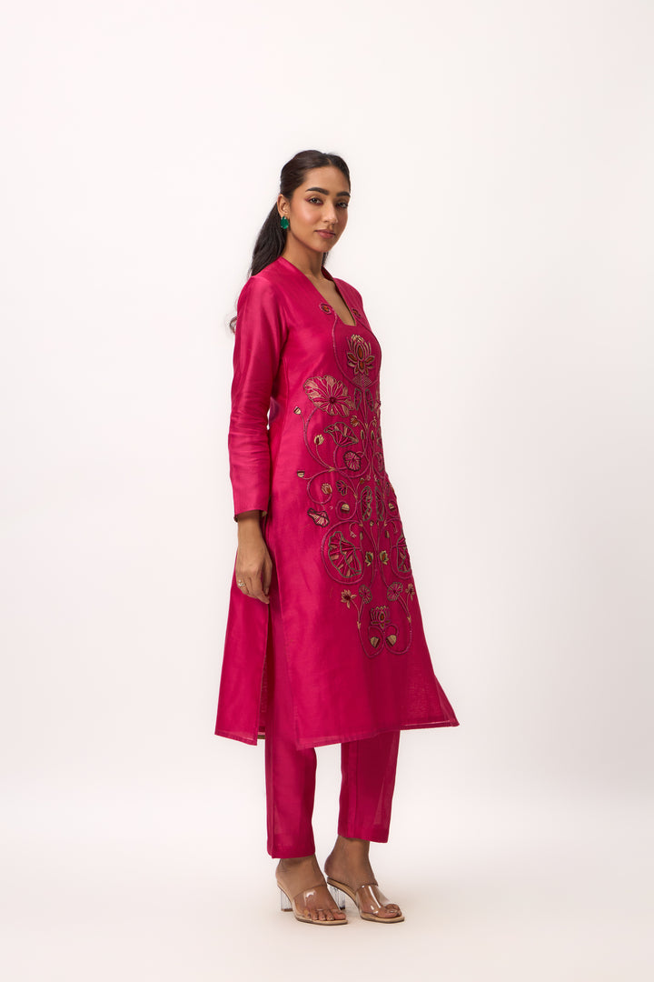 Lotus Bloom Jaal Kurta Set With Dupatta Hot Pink