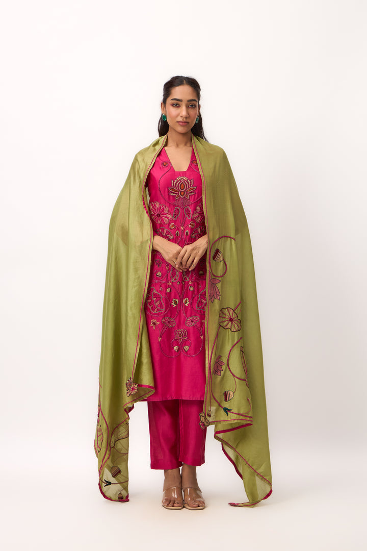 Lotus Bloom Jaal Kurta Set With Dupatta Hot Pink
