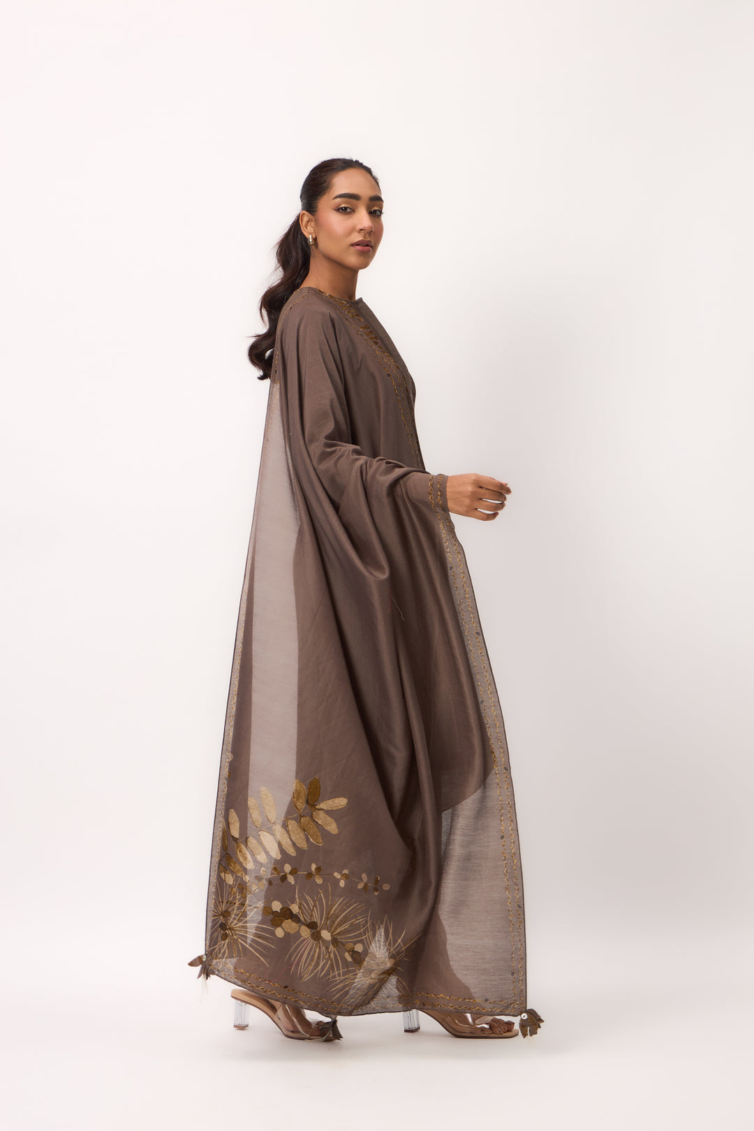 Watercolour Shami Stripe Print Kurta Set With Dupatta Wood Brown