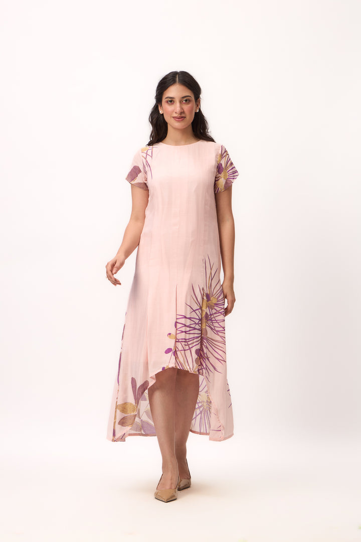 Watercolour Shami Print Asymmetrical Dress Baby Pink