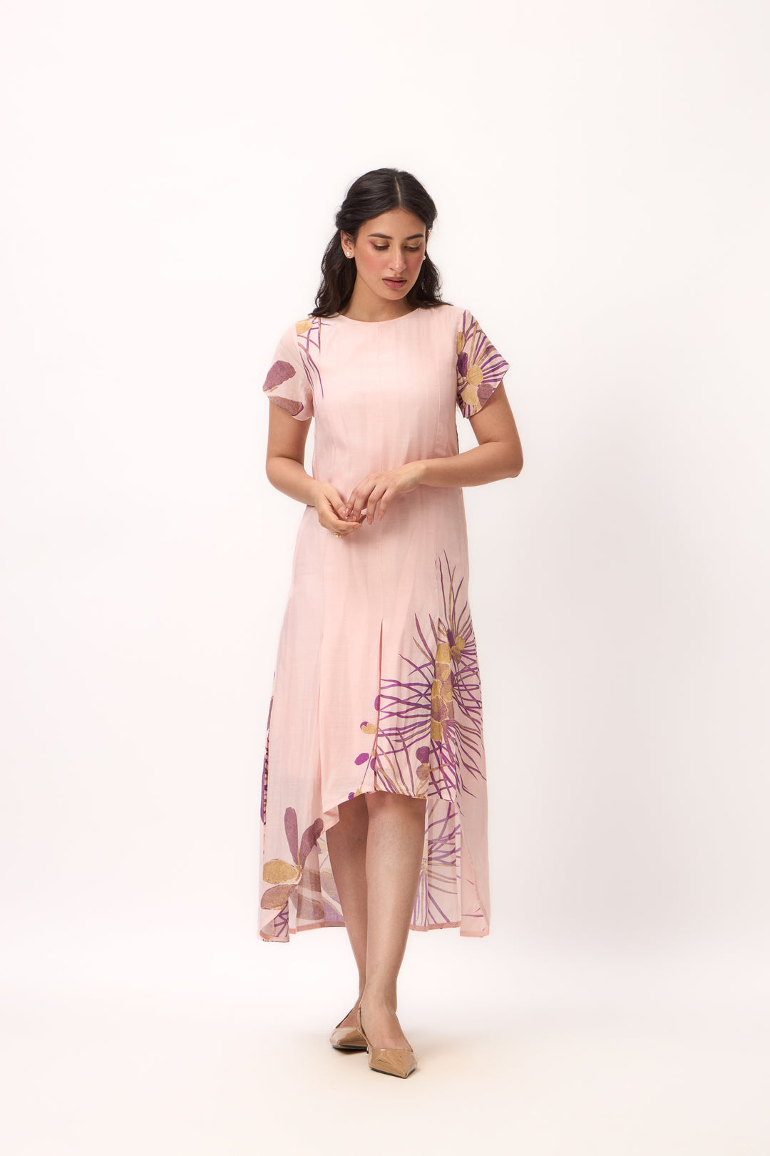Watercolour Shami Print Asymmetrical Dress Baby Pink