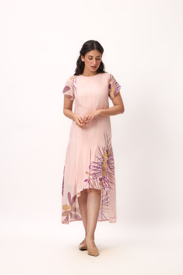 Watercolour Shami Print Asymmetrical Dress Baby Pink