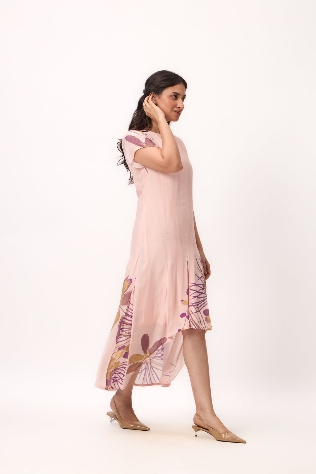 Watercolour Shami Print Asymmetrical Dress Baby Pink