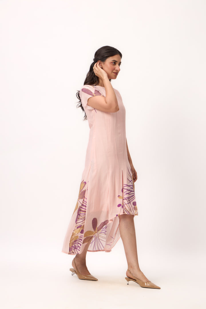 Watercolour Shami Print Asymmetrical Dress Baby Pink