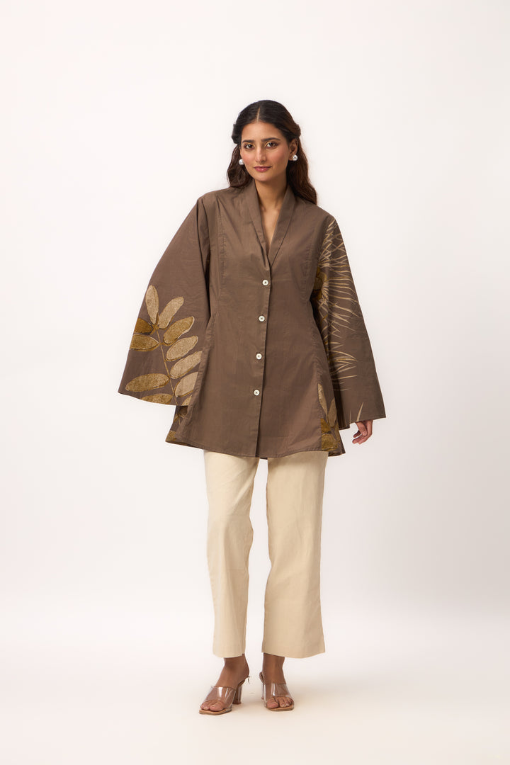Watercolour Shami Print Kimono Shirt Wood Brown