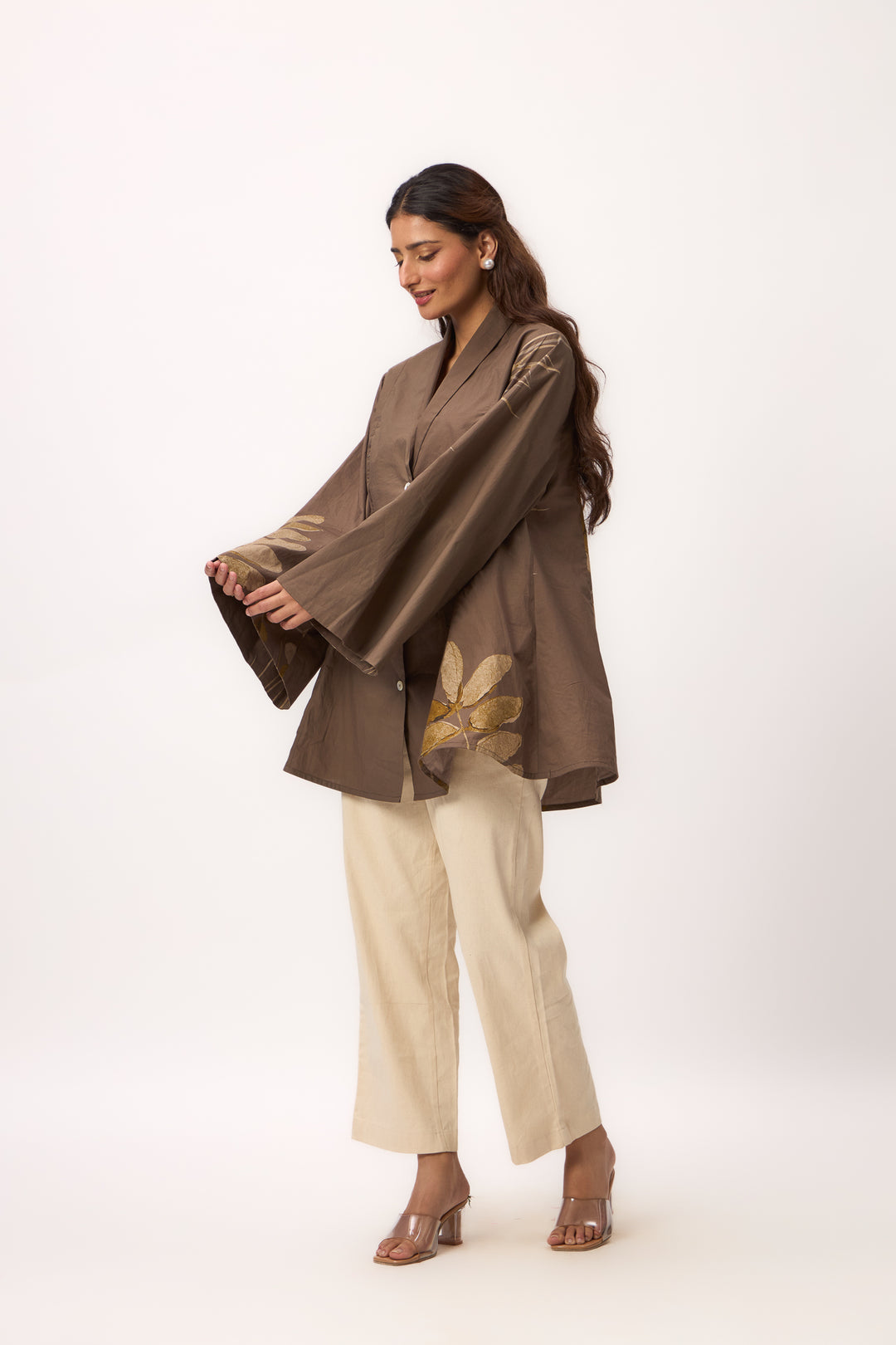Watercolour Shami Print Kimono Shirt Wood Brown