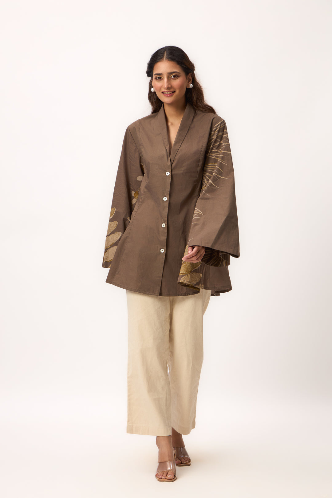 Watercolour Shami Print Kimono Shirt Wood Brown
