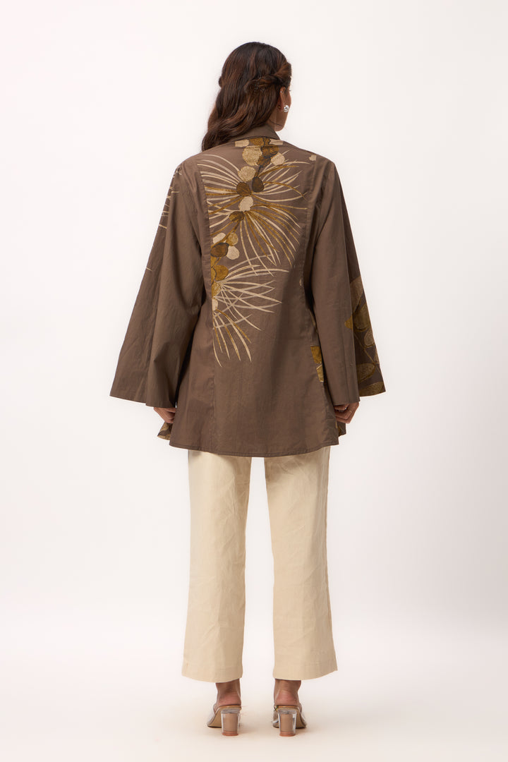 Watercolour Shami Print Kimono Shirt Wood Brown