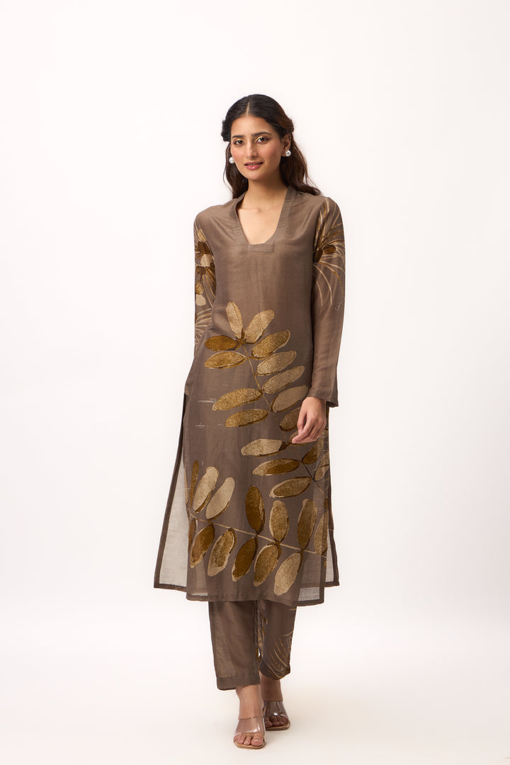 Watercolour Shami Print Kurta Set With Dupatta Wood Brown
