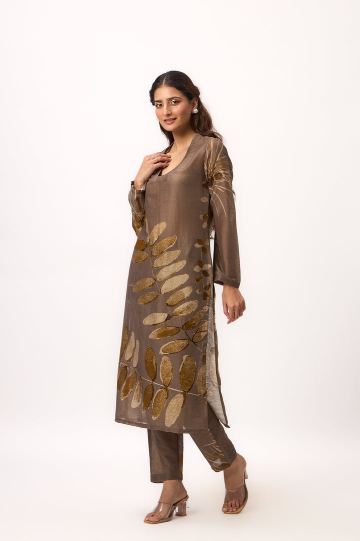 Watercolour Shami Print Kurta Set With Dupatta Wood Brown