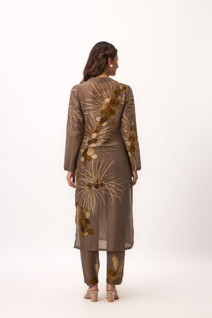 Watercolour Shami Print Kurta Set With Dupatta Wood Brown