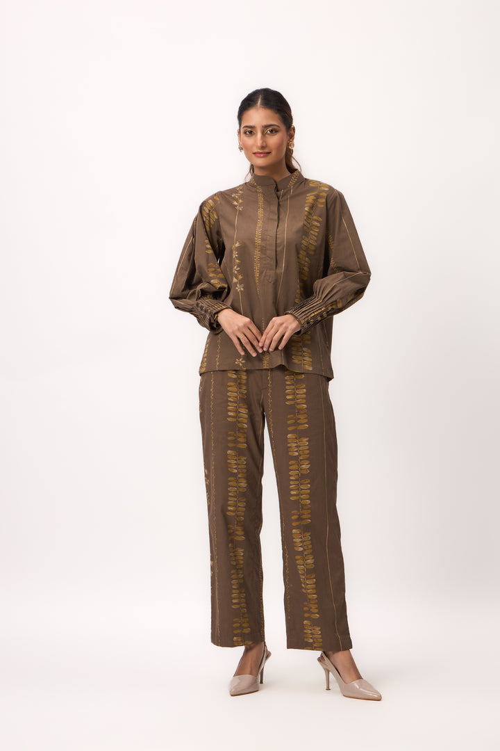 Watercolour Shami Stripe Print Coord Set Wood Brown