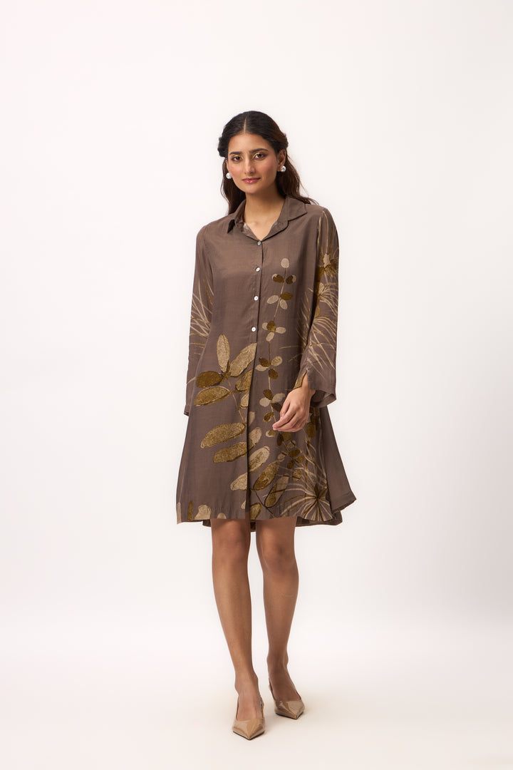 Watercolour Shami Print Dress Wood Brown