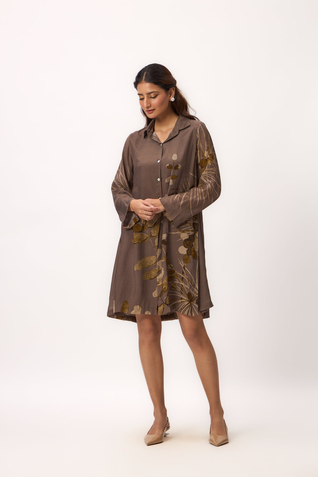 Watercolour Shami Print Dress Wood Brown