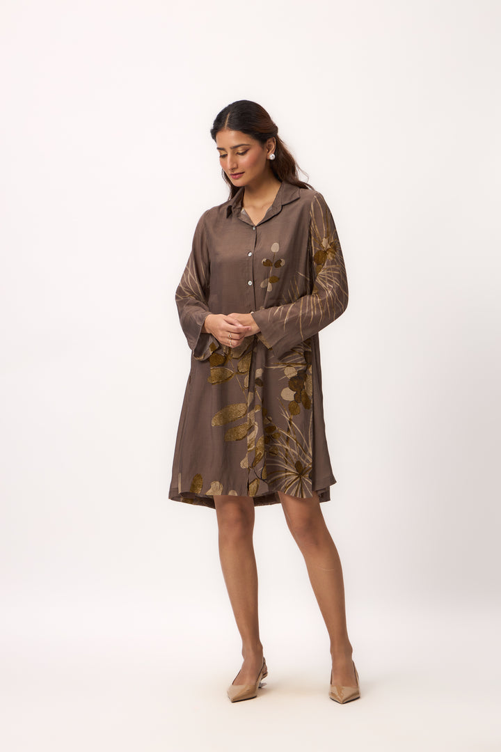 Watercolour Shami Print Dress Wood Brown