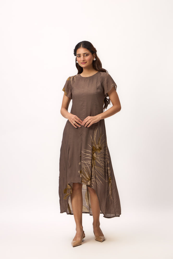 Watercolour Shami Print Asymmetrical Dress Wood Brown