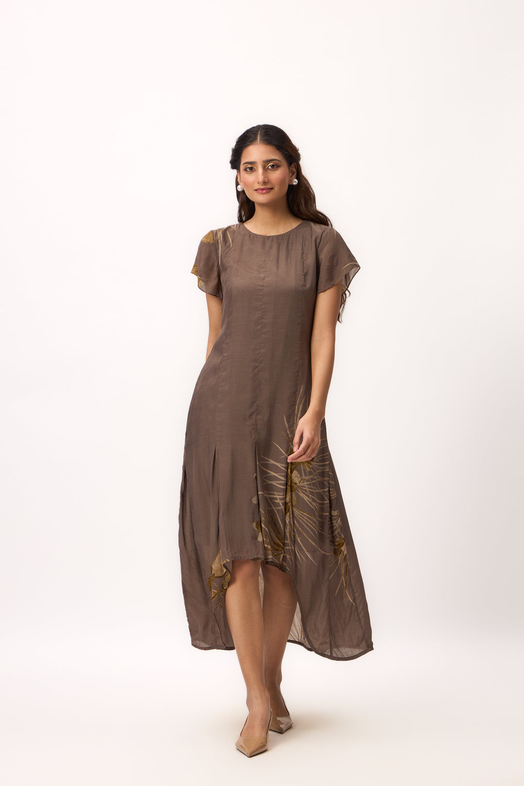 Watercolour Shami Print Asymmetrical Dress Wood Brown