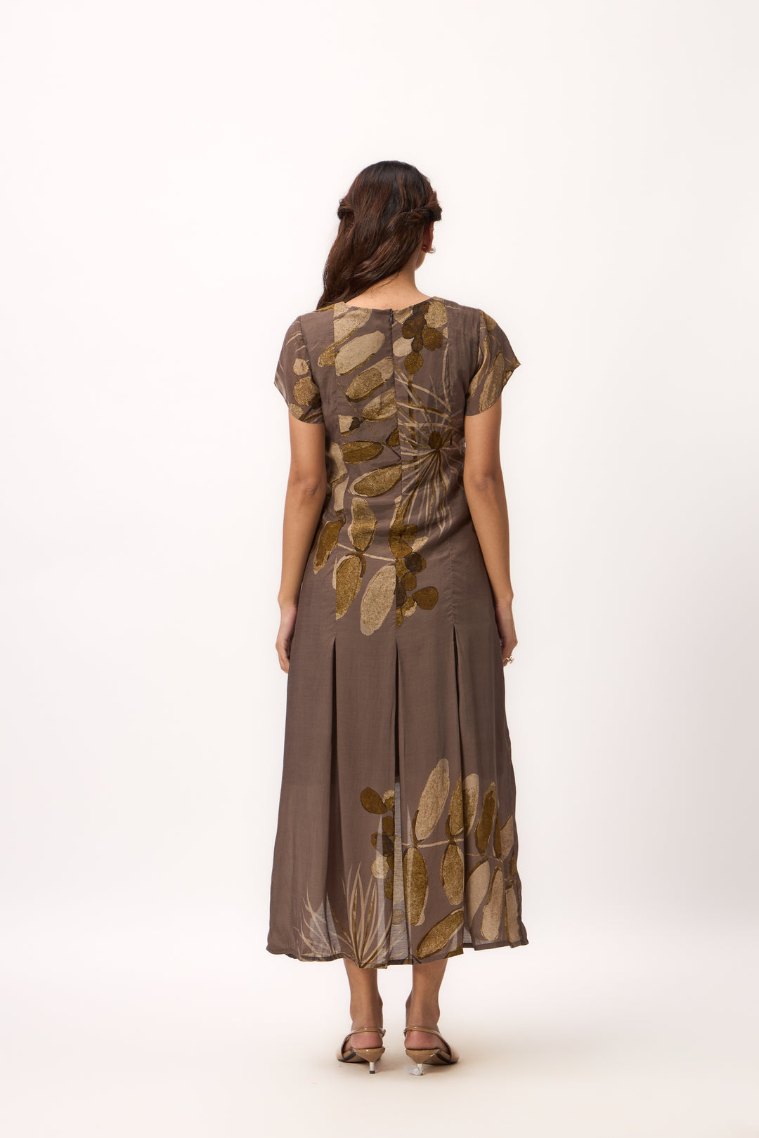 Watercolour Shami Print Asymmetrical Dress Wood Brown