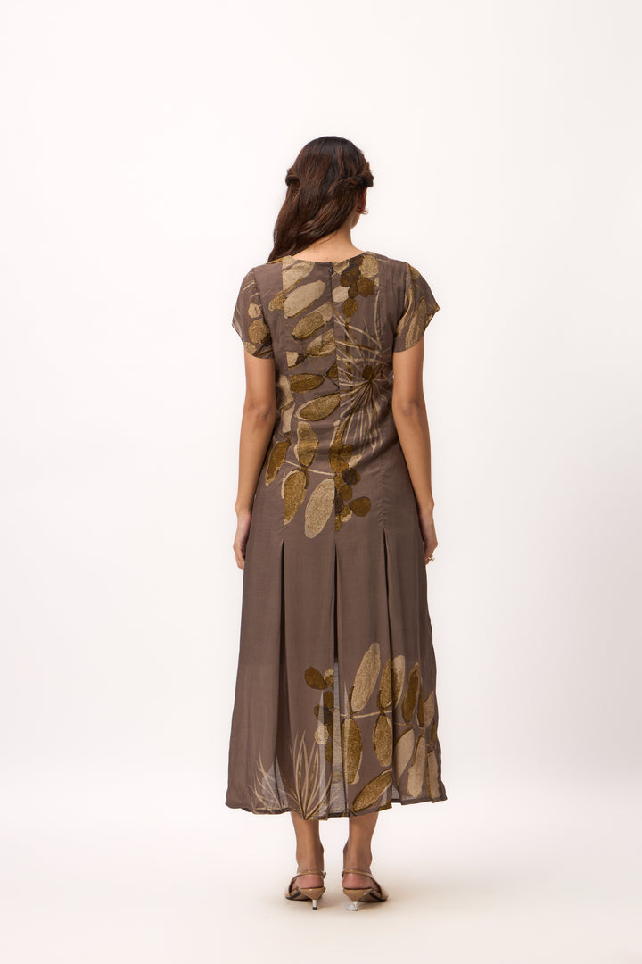 Watercolour Shami Print Asymmetrical Dress Wood Brown