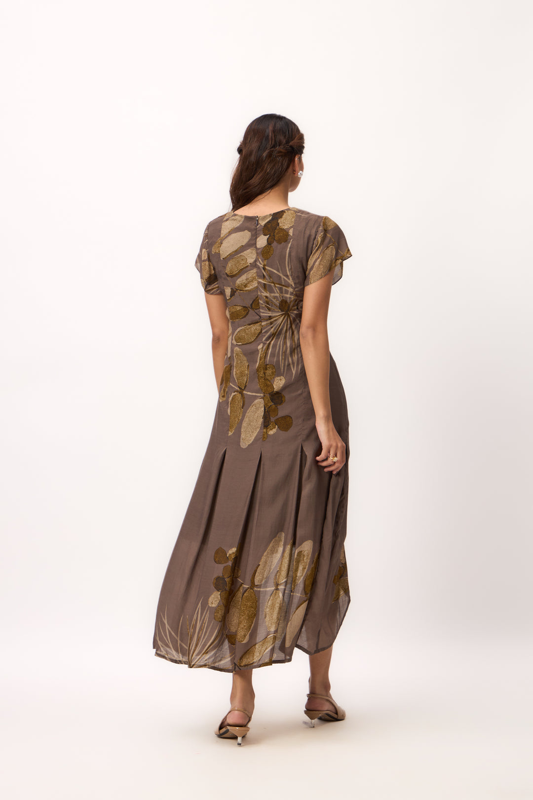 Watercolour Shami Print Asymmetrical Dress Wood Brown