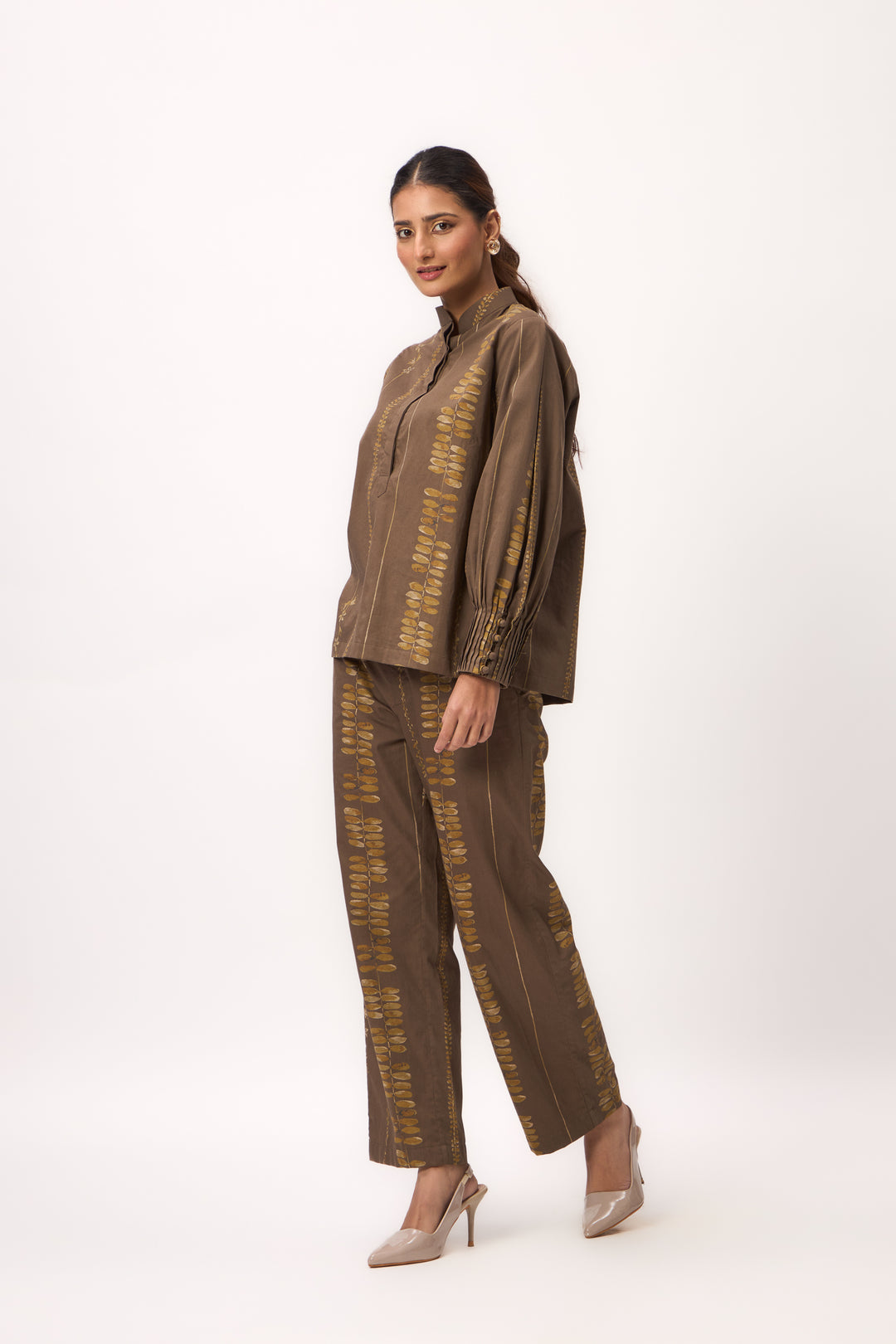 Watercolour Shami Stripe Print Coord Set Wood Brown