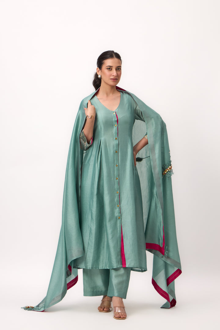 Shami Wispher Panelled Kurta Set With Dupatta Warm Teal