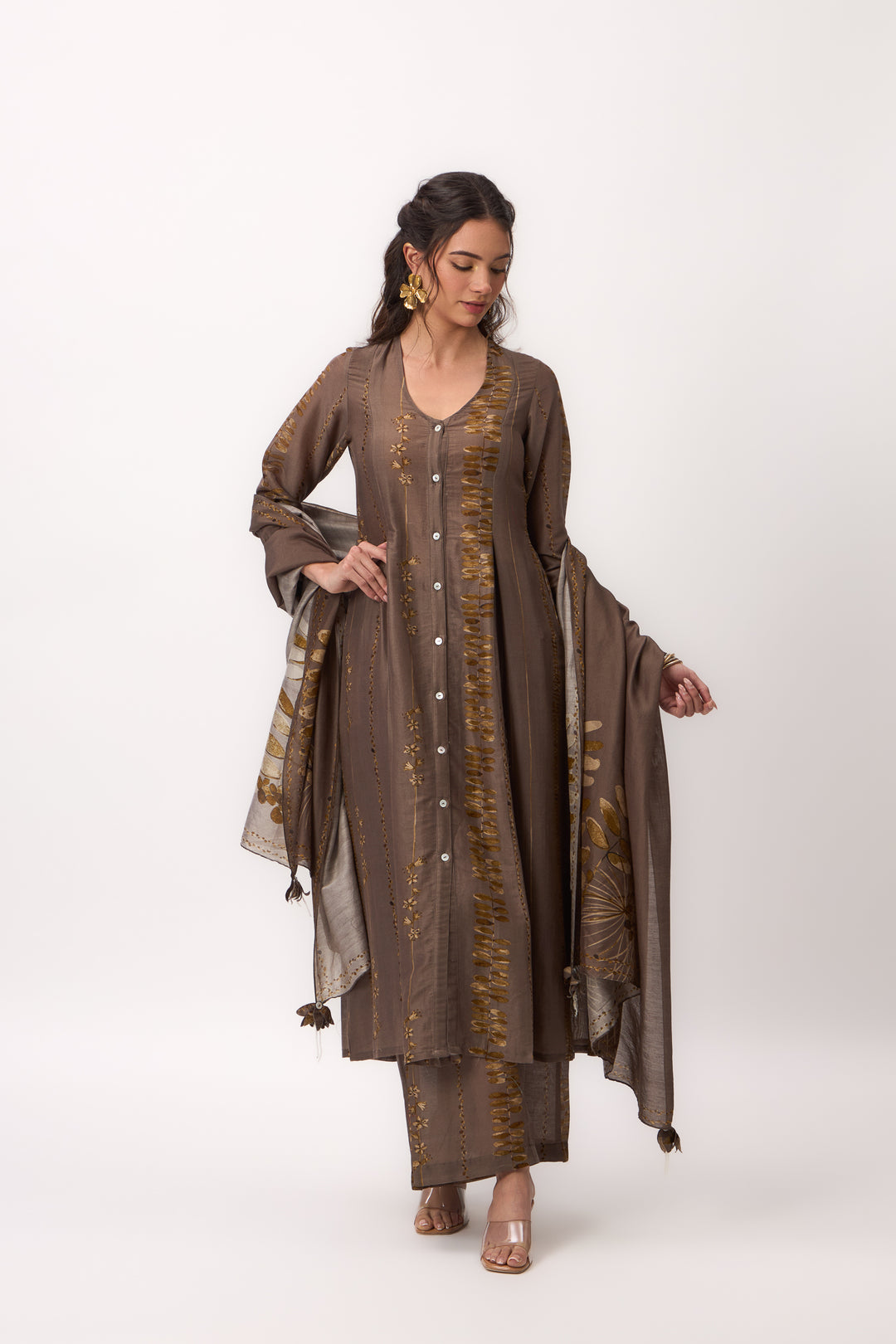 Watercolour Shami Stripe Print Panelled Kurta Set With Dupatta Wood Brown