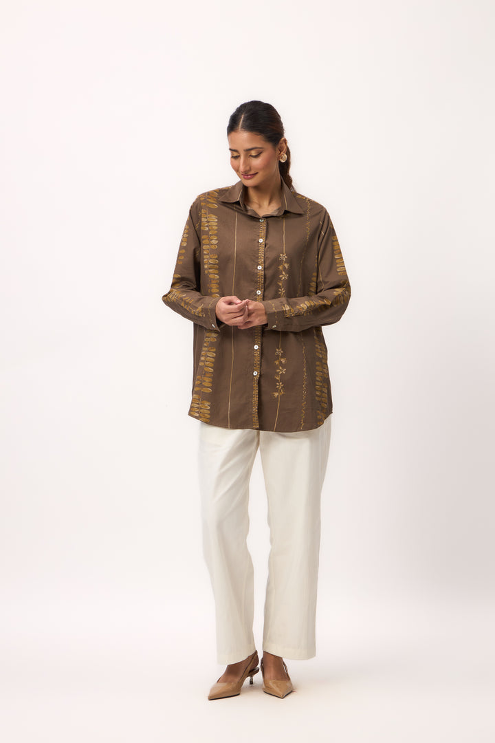 Watercolour Shami Stripe Print Shirt Wood Brown