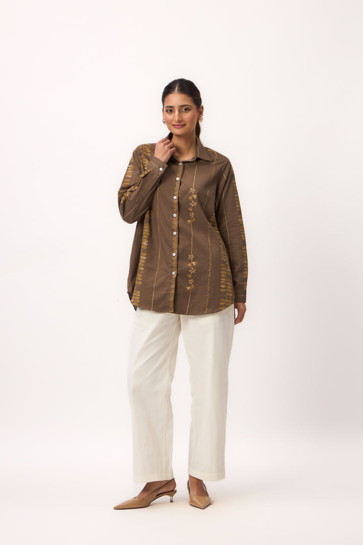 Watercolour Shami Stripe Print Shirt Wood Brown