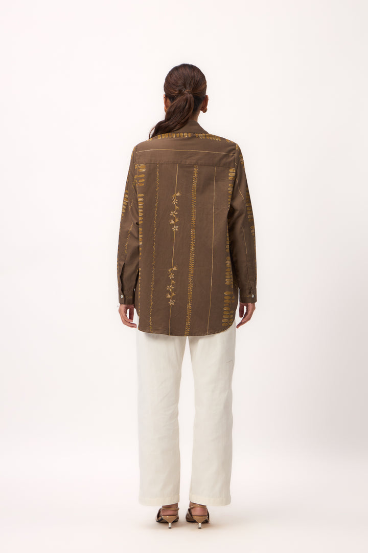 Watercolour Shami Stripe Print Shirt Wood Brown