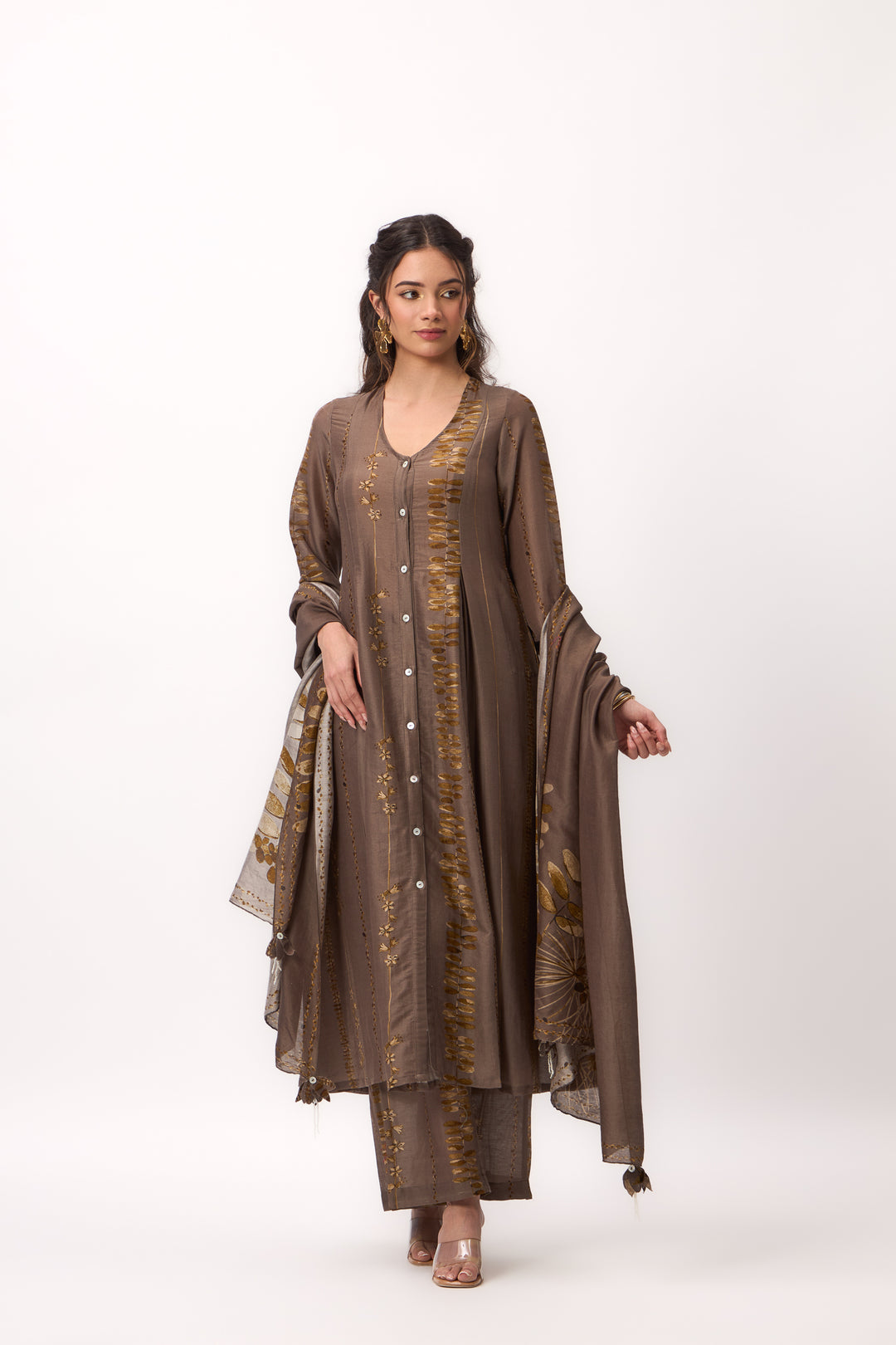 Watercolour Shami Stripe Print Panelled Kurta Set With Dupatta Wood Brown