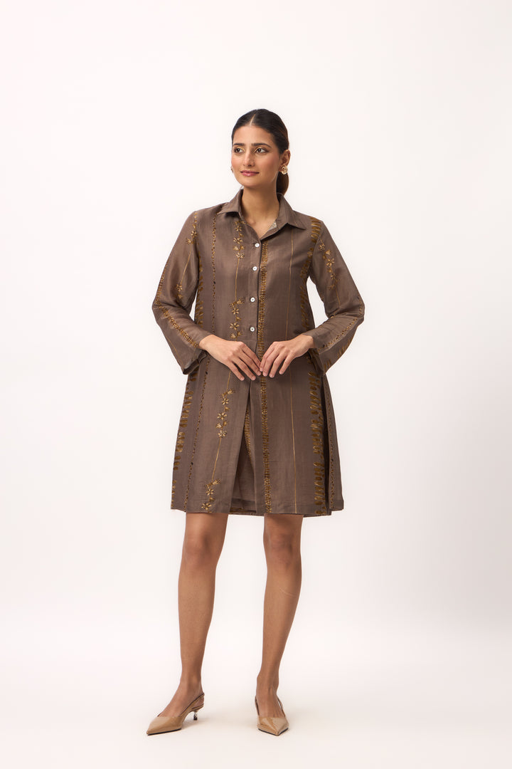 Watercolour Shami Stripe Print Dress Wood Brown