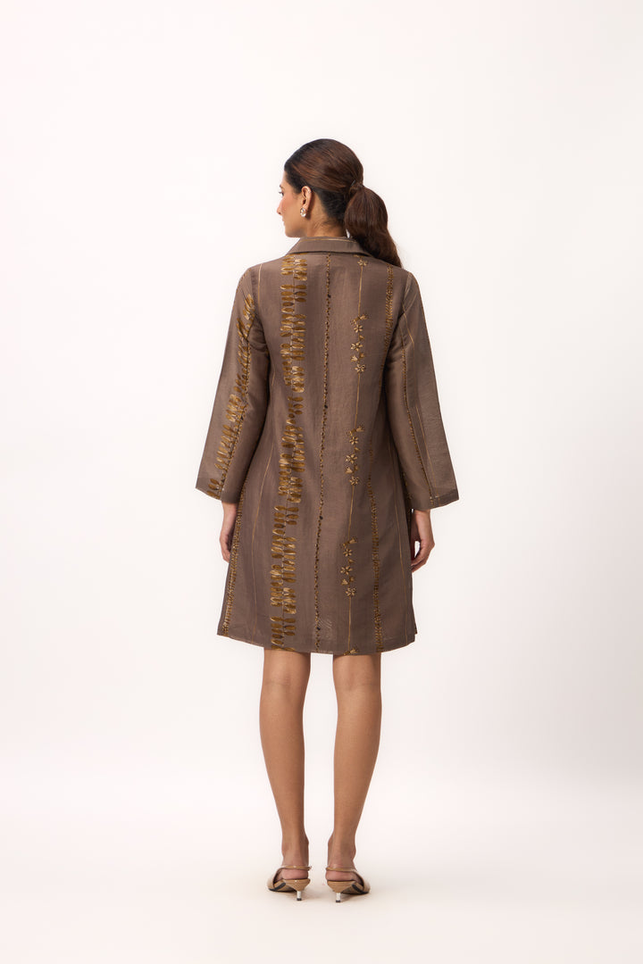 Watercolour Shami Stripe Print Dress Wood Brown