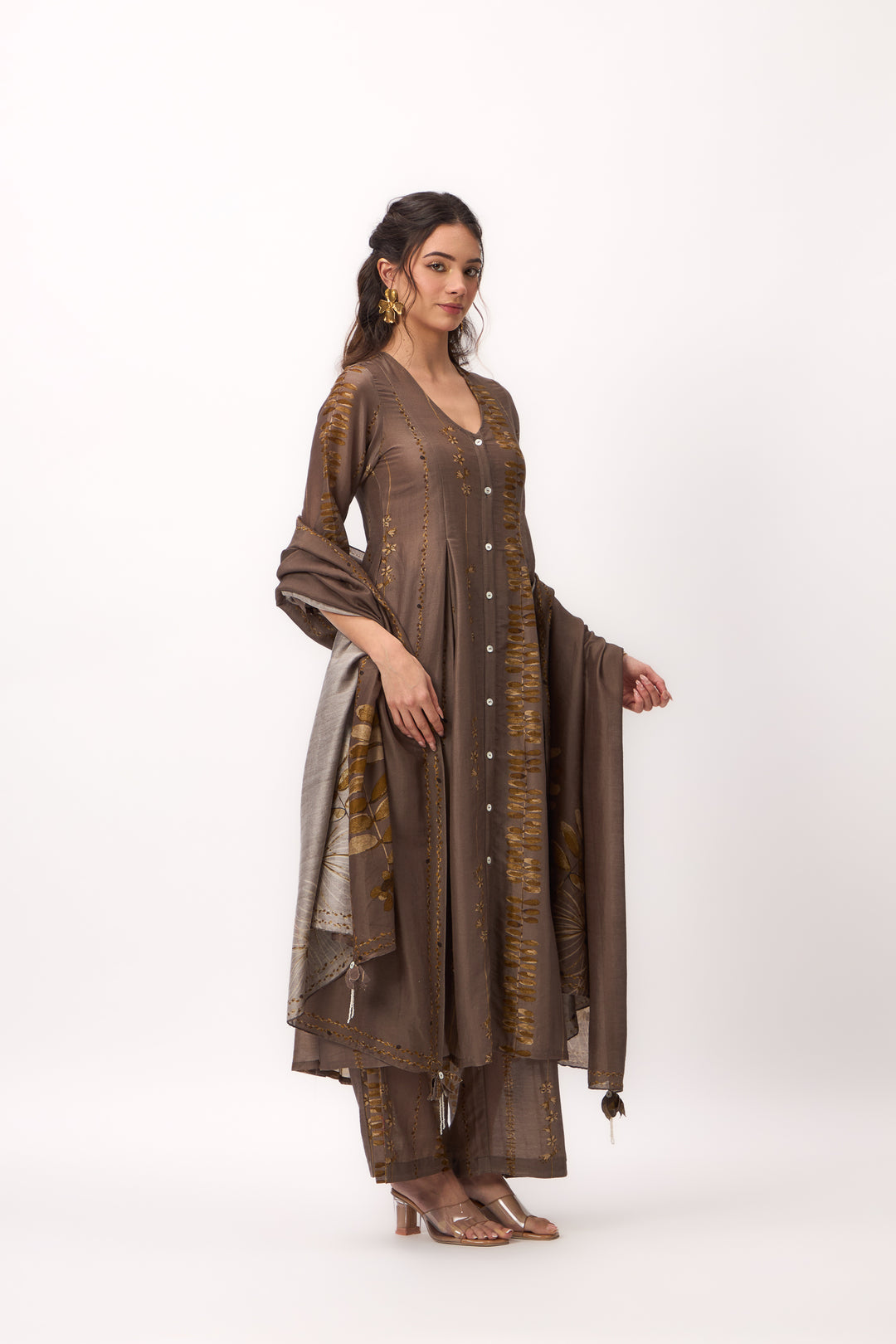 Watercolour Shami Stripe Print Panelled Kurta Set With Dupatta Wood Brown