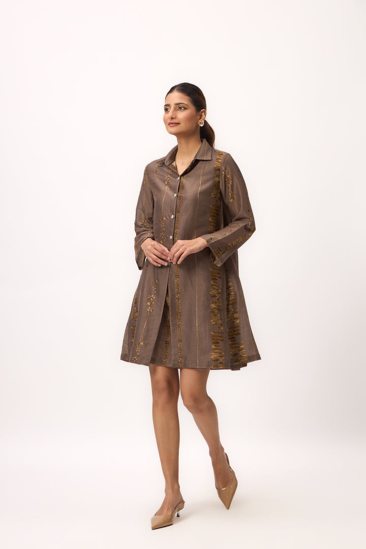 Watercolour Shami Stripe Print Dress Wood Brown