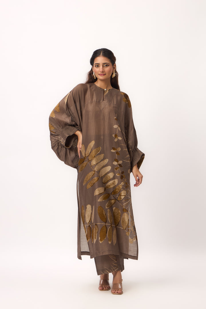 Watercolour Shami Print Kurta Set Wood Brown